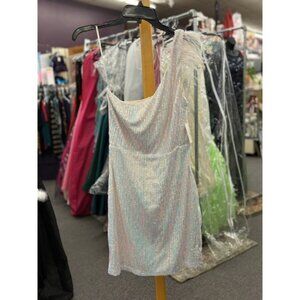 Windsor Womens Large One-Shoulder White Sequin Dress With Feather Accent